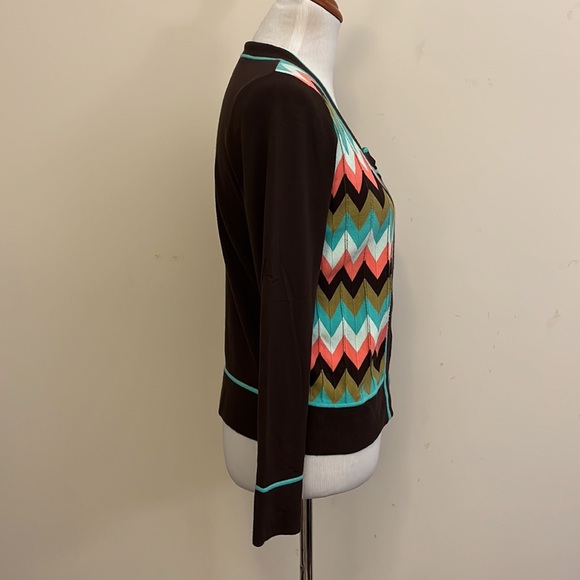 Milly of New York Retro Brown Aqua Salmon Chevron Cardigan Size Large - Picture 3 of 7